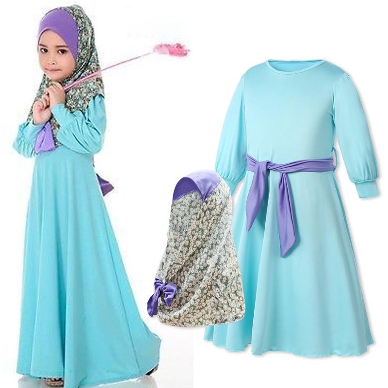 Muslim Arab Kids Girls Long Sleeve Maxi Dress Set Hijab Abaya Kaftan Prayer Dubai Party Ramadan Children Costumes Holiday Outfits