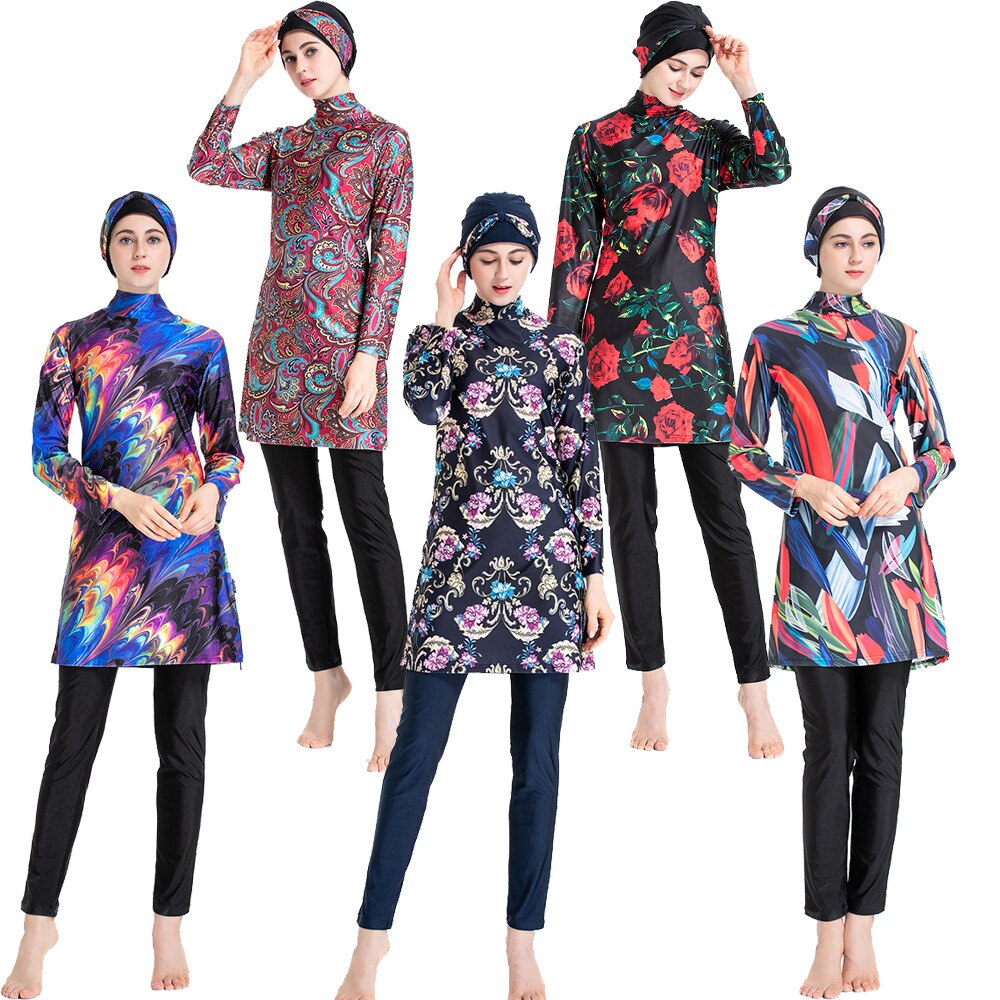 Islamic Women Swimwear Burkini Muslim Hooded Hijab Swimsuit Modest Swim Surf Wear Floral Sport Full Suit for Swimming 3 Piece