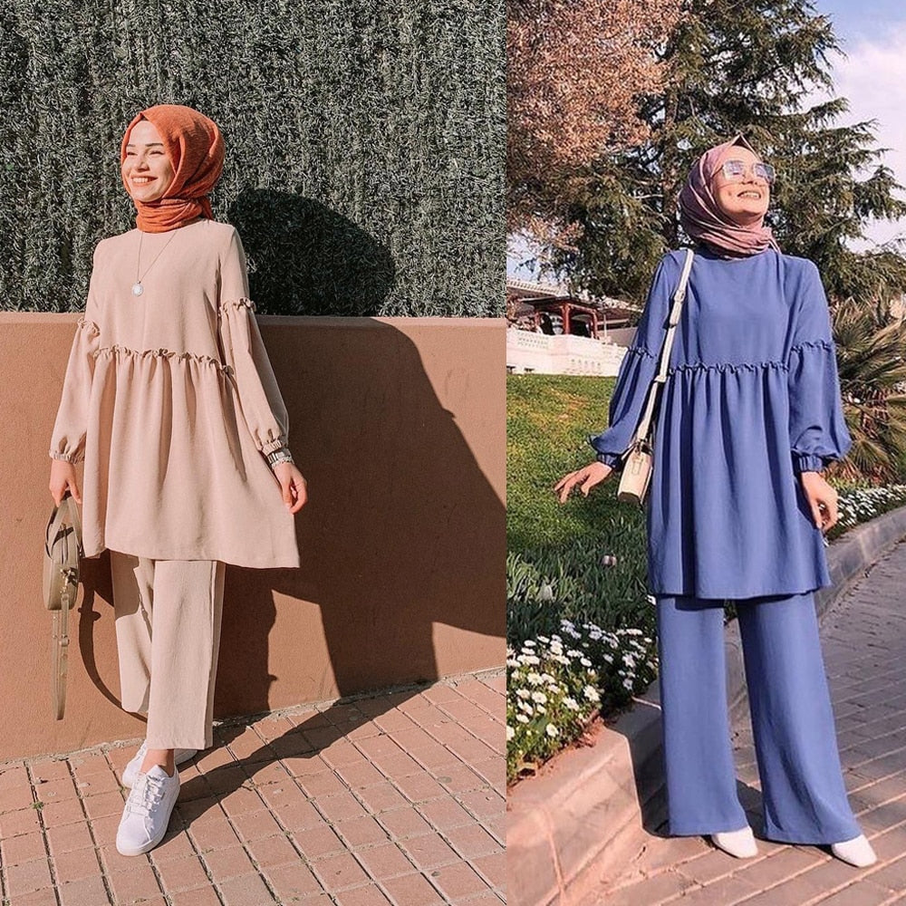 2 Pieces Dubai Abaya Turkish Hijab Muslim Dress Women Kaftan Islamic Clothing Femme Musulmane Vintage Top+Pants Outfits Sets New