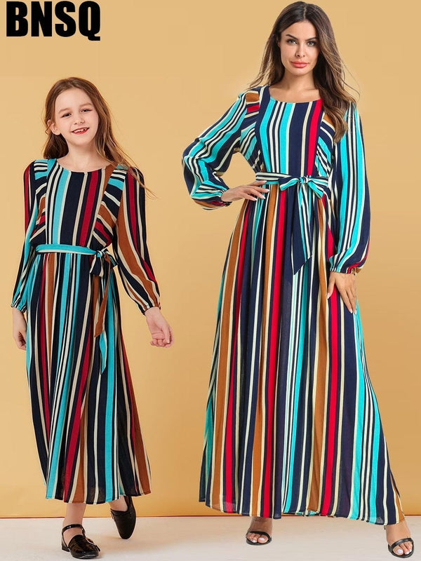 Muslim Girls Abaya Striped Maxi Dress Belt Hijab Children's Wear Family Matching Outfits Kimono Long Robes Eid Ramadan Islamic