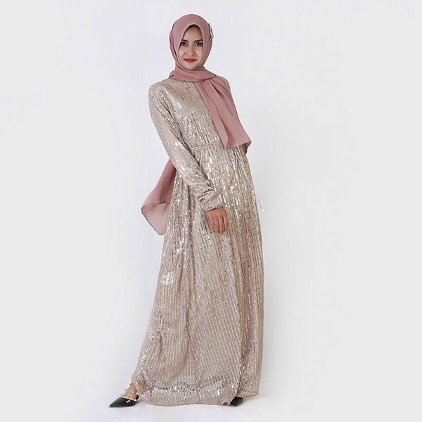 Siskakia Muslim Fashion sequin Long dress Elegant O Neck Long Sleeve Maxi Hijab Dresses champagne Party Clothing eid Outfits UAE