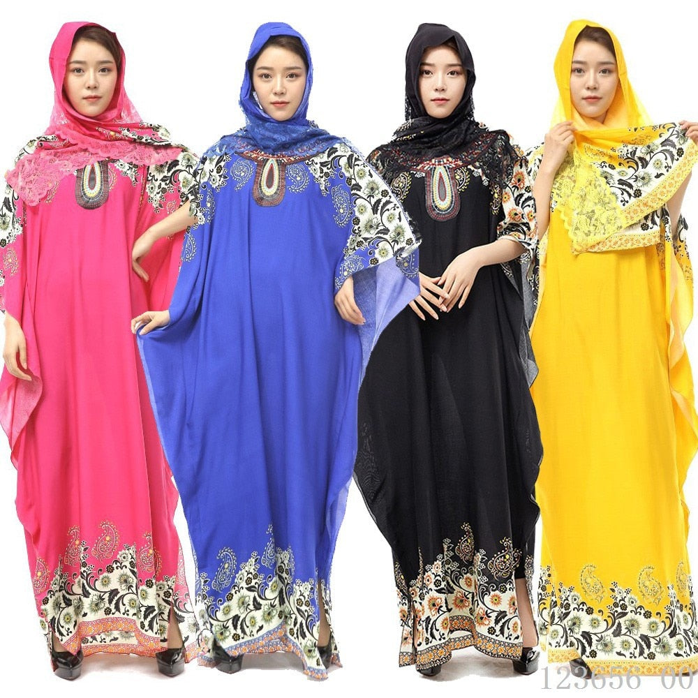 Holiday print Islamic outfit Muslim summer chiffon Abaya dress with hijabs