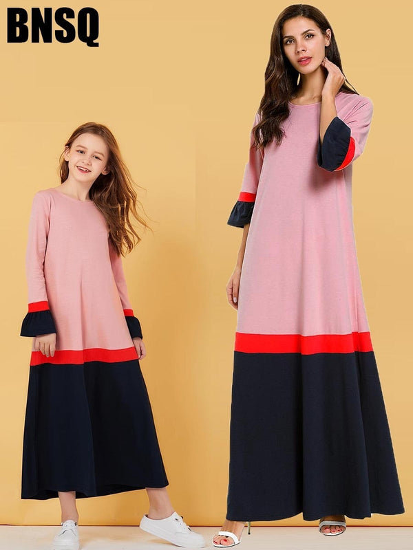 Elegant Girls Abaya Block Maxi Dress Hijab Children's Wear Family Matching Outfits Kimono Long Robes Turkish Eid Ramadan Islamic