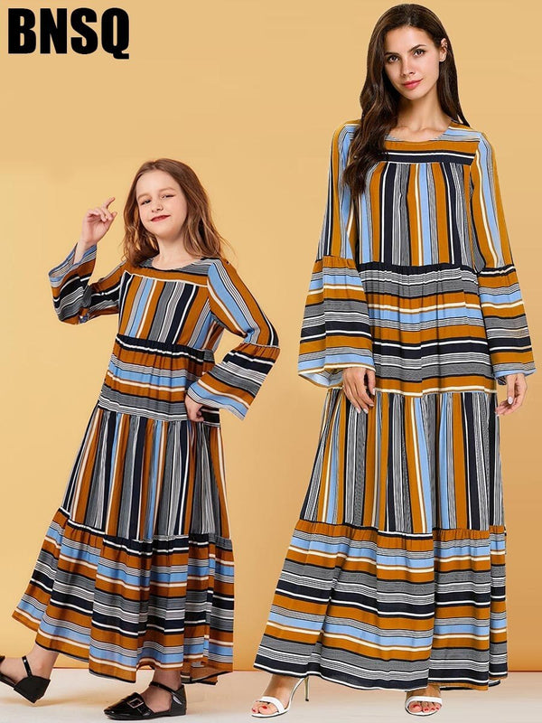 Girls Abaya Striped Maxi Dress Flare Sleeve Children's Wear Hijab Family Matching Outfits Kimono Long Robes Eid Ramadan Islamic