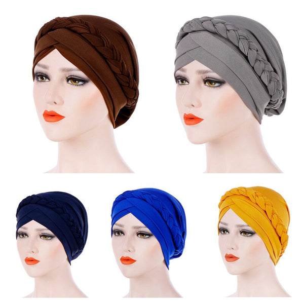 Muslim Solid Color Braid Turban Cap Women Elasticity Bandanas Female Headwear Hair Accessories