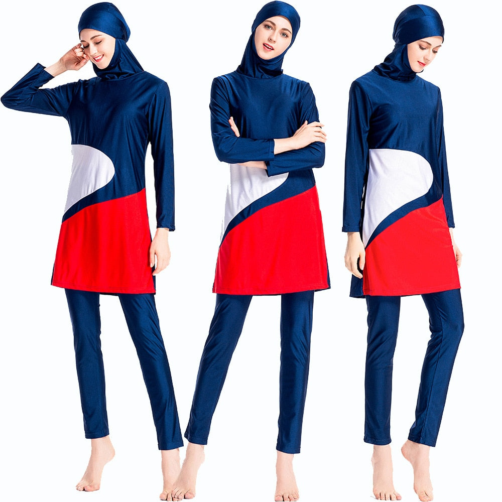 2020 New Burkini  Patchwork Islamic Swim Wear Bourkini Sport Burkinis Women Hijab Sport Islami Mayo Long sleeve Muslim Swimsuit