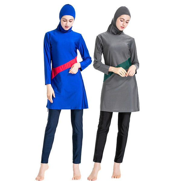 New Burkini 2020 Muslimah Women Long Sleeve Swim Surf Wear Sport Burkinis Islamic Swimwear Patchwork Color Muslim Hijab Swimsuit