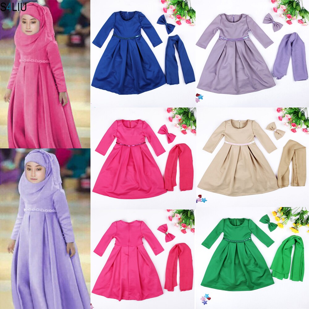 Abaya Girls Muslim Sets Dress + Hijab +Bow Headbands Outfits For Costume Kids Jilbab Islamic Maxi Clothing Party Holiday Casual